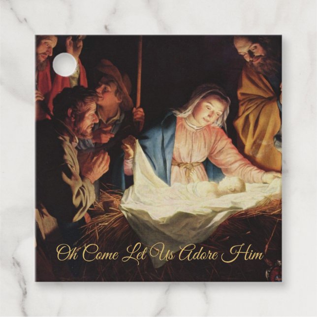 Étiquettes Cadeau Scène de la Nativité de Noël religieuse Script d'o (Devant)