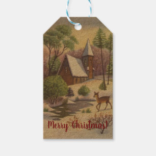Étiquettes-cadeau Scène de Noël vintage, Paysage neigeux avec Cerf