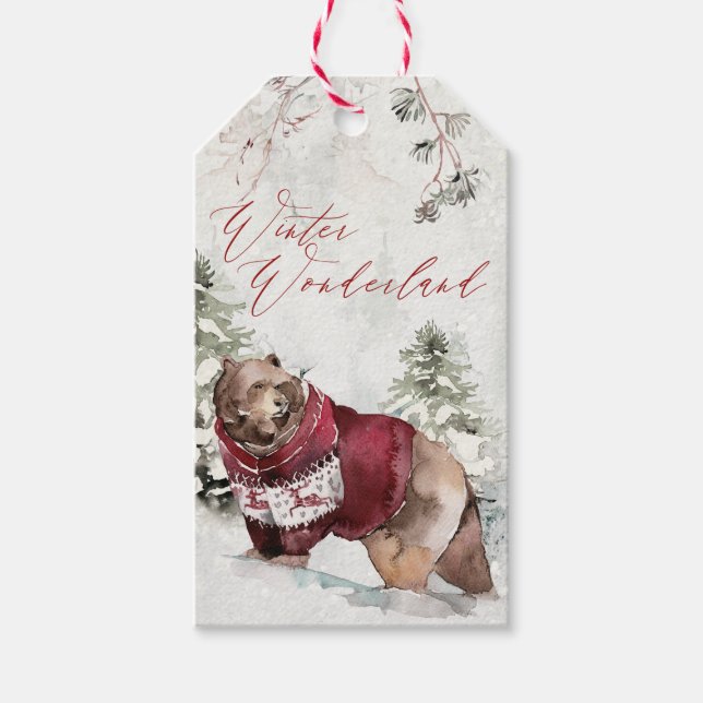 Étiquettes-cadeau Scène Rustique Ours hiver neige Noël (Devant)