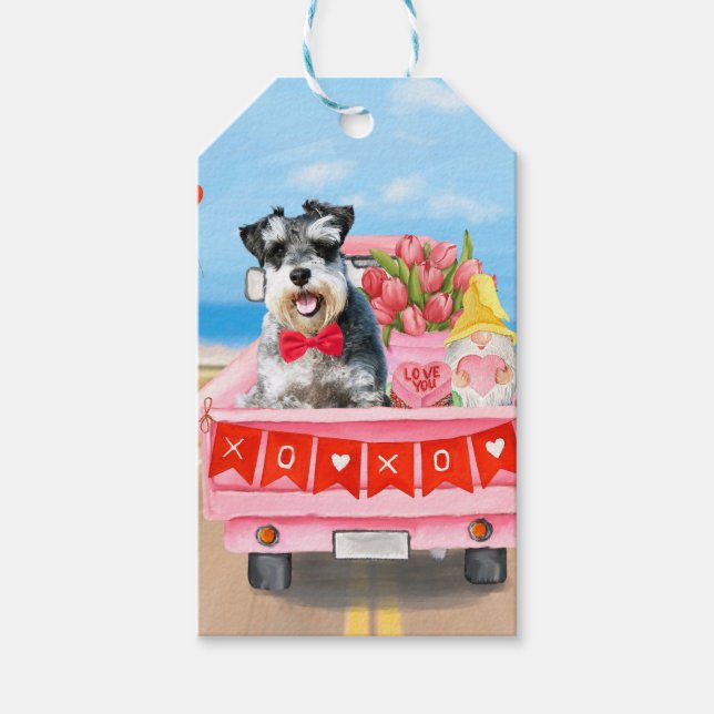 Étiquettes-cadeau Schnauzer Chien Saint Valentin Coeurs de camion (Devant)