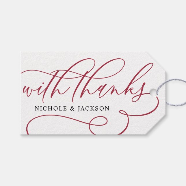 Étiquettes-cadeau Script Classique Avec Merci Mariage Bourgogne Favo (Devant (Horizontal))