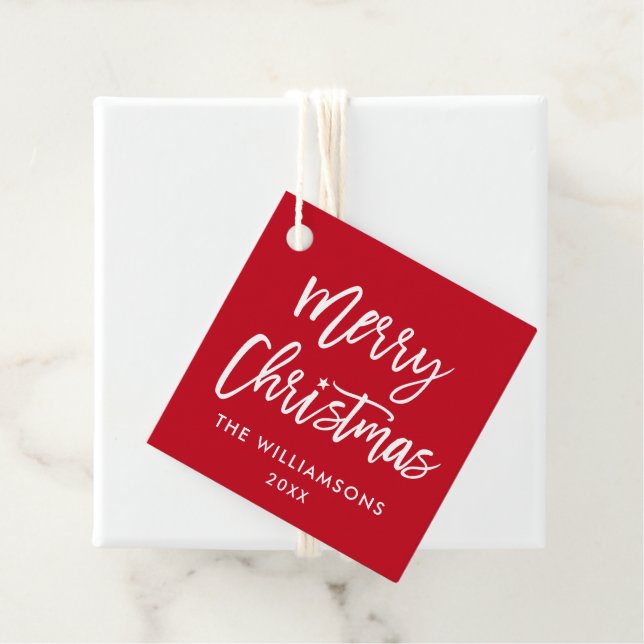 Étiquettes Cadeau Script de Brève moderne Noël étoile Carré rouge (En situation)
