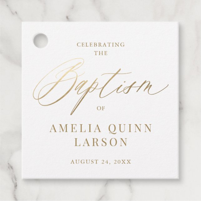 Étiquettes Cadeau Script de calligraphie or simple et élégant Baptêm (Devant)