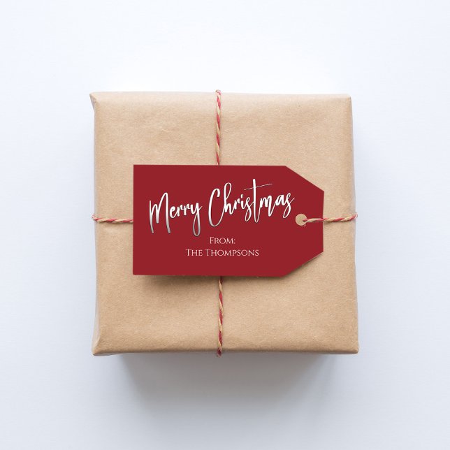 Étiquettes-cadeau Script de calligraphie rouge de Noël (Merry Christmas Red silver calligraphy script gift tag. )