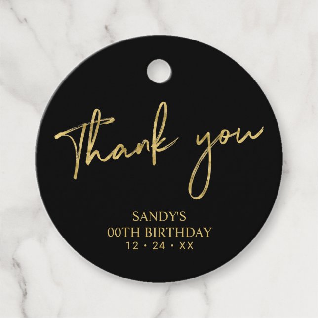 Étiquettes Cadeau Script Gold & Black Brush Anniversaire Merci (Devant)