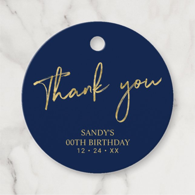 Étiquettes Cadeau Script Gold & Navy Brush Anniversaire Merci de fêt (Devant)