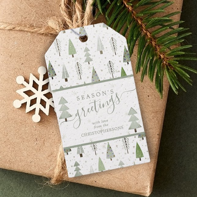Étiquettes-cadeau Script JOYEUSES FÊTES des arbres de Noël modernes (Créateur téléchargé)
