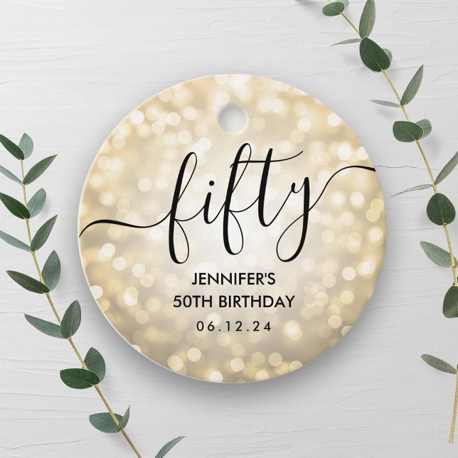 Étiquettes Cadeau Script moderne Lumières Parties scintillant or 50e (Modern Script Gold Glitter Lights 50th Birthday Favor Tags)
