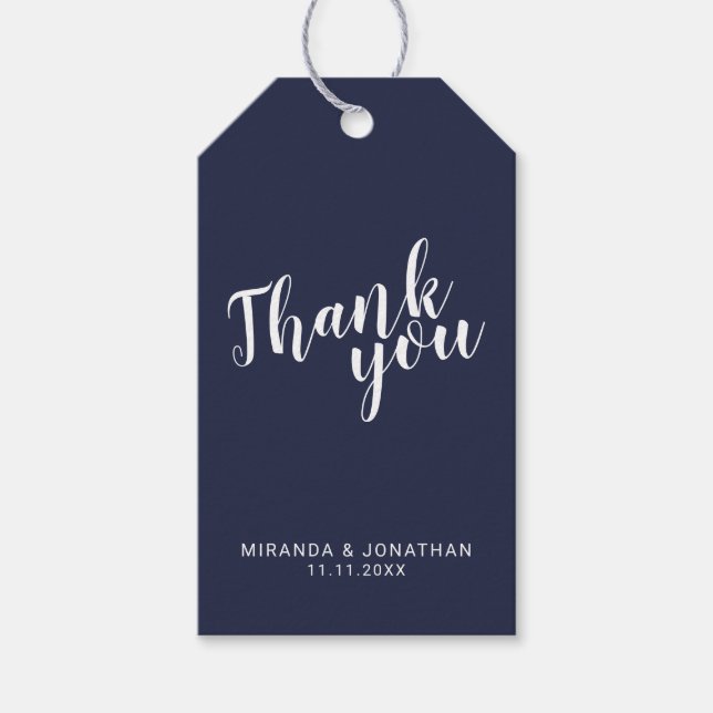 Étiquettes-cadeau Script moderne Marine Blue Wedding Favor Merci (Devant)