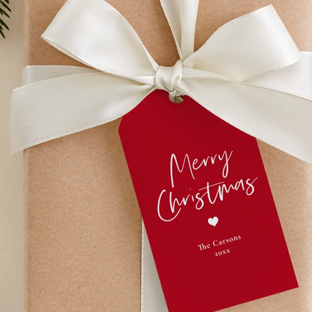 Étiquettes-cadeau Script moderne Noël rouge (Simple red and white script merry christmas gift tags.)