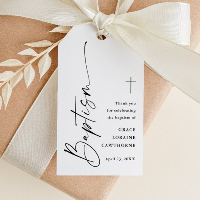 Étiquettes-cadeau Script moderne Simple Baptême Merci Favoriser (Modern script black and white baptism favor tags.)