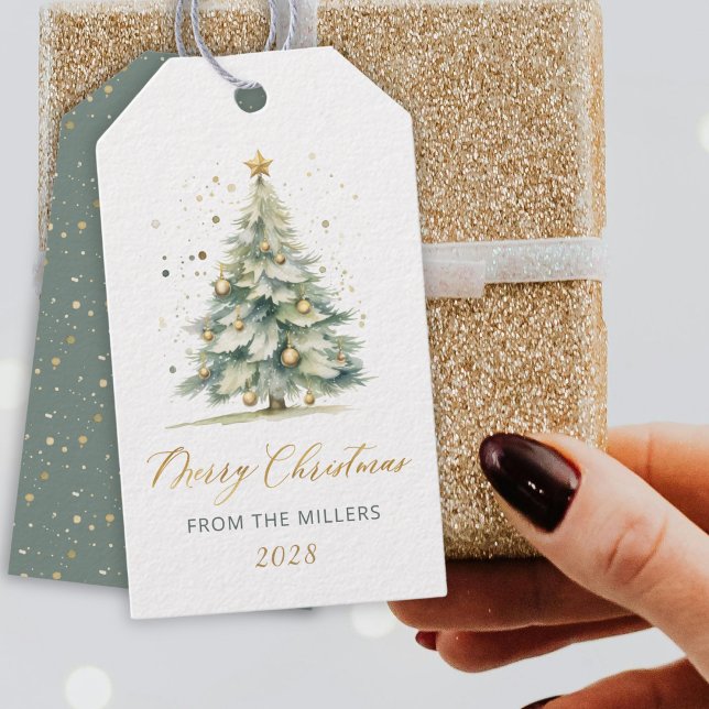 Étiquettes-cadeau Script or moderne Aquarelle Noël Arbre cadeau (Créateur téléchargé)