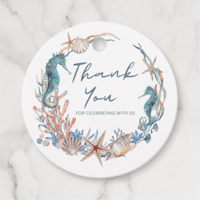Étiquettes Cadeau Sea Wreath | Beach Seahorse Shells Merci (Devant)