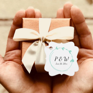 Étiquettes Cadeau Seafoam Simple Coeur Wreath Monogram Mariage