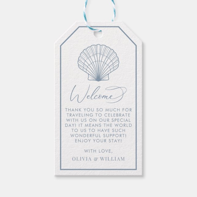 Étiquettes-cadeau Seashell Dusty Blue Beach Mariage Bienvenue (Devant)