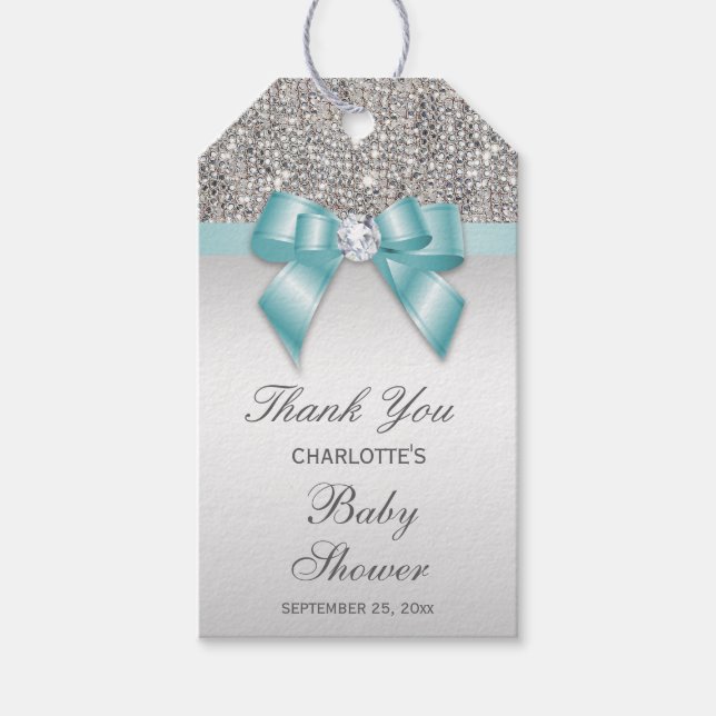 Étiquettes-cadeau Séquences d'argent Baby shower Turquoise de bow di (Devant)