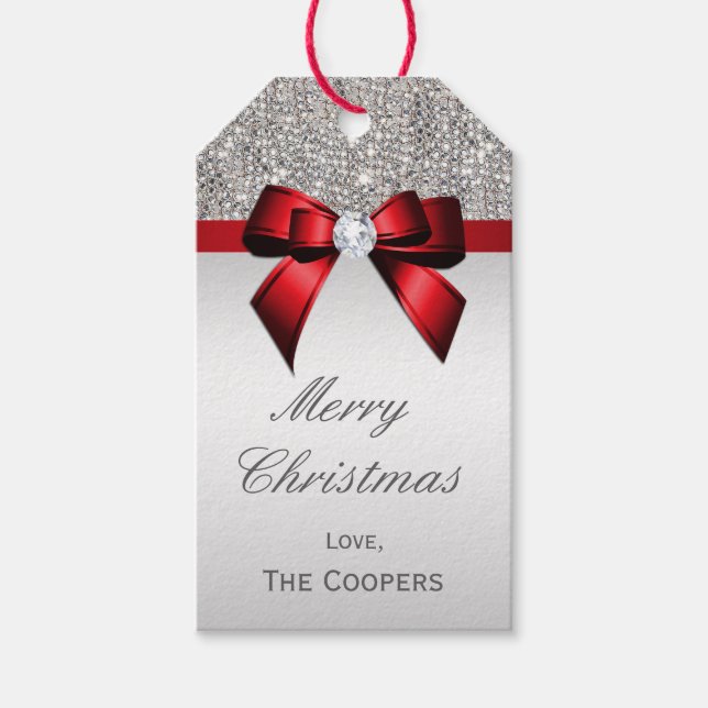 Étiquettes-cadeau Séquences d'argent Rouge Diamant Bow Noël (Devant)