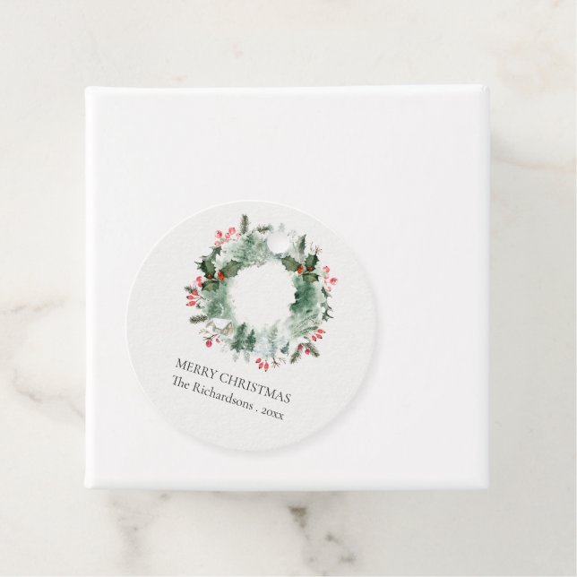 Étiquettes Cadeau Serrure de Noël de neige à l'arbre des baies Holly (En situation)