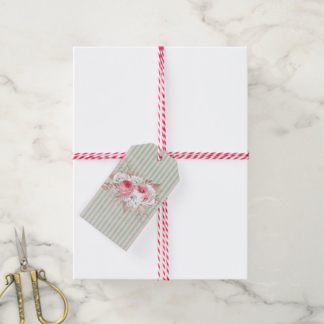 Étiquettes-cadeau Shabby Chic Bouquet Rose raypes (Avec de la ficelle)