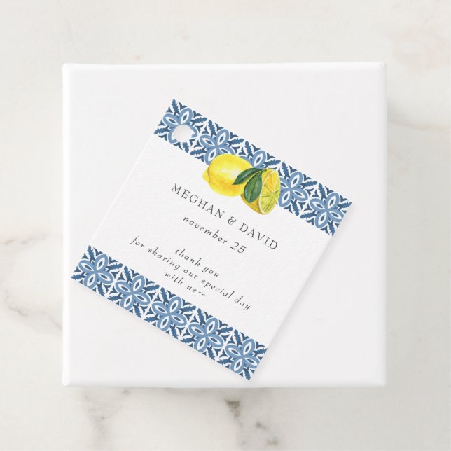 Étiquettes Cadeau Sicilienne Carrelage Bleu Méditerranéen Citrons Ma (En situation)