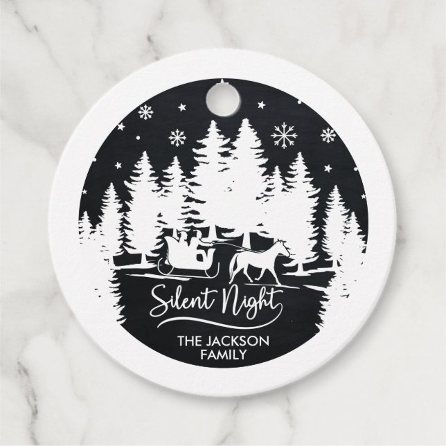 Étiquettes Cadeau Silencieux nuit pins neige flocon noir & blanc (Devant)