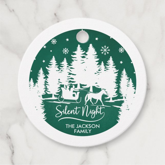 Étiquettes Cadeau Silencieux nuit pins neige vert & blanc (Devant)