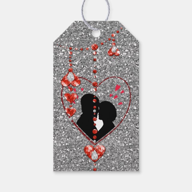 Étiquettes-cadeau Silhouette Couple en Coeur Rouge Coeur Bijoux Arge (Devant)