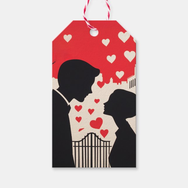 Étiquettes-cadeau Silhouette romantique Couple Coeurs Cityscape (Devant)