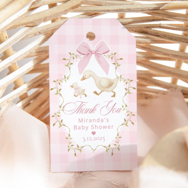 Étiquettes-cadeau Silly Goose Pink Bow Gingham Baby Shower Thank you (Créateur téléchargé)