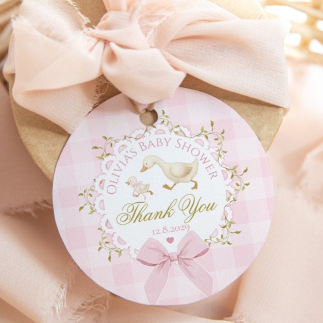 Étiquettes Cadeau Silly Goose Pink Gingham Bow Baby Shower Thank you (Créateur téléchargé)