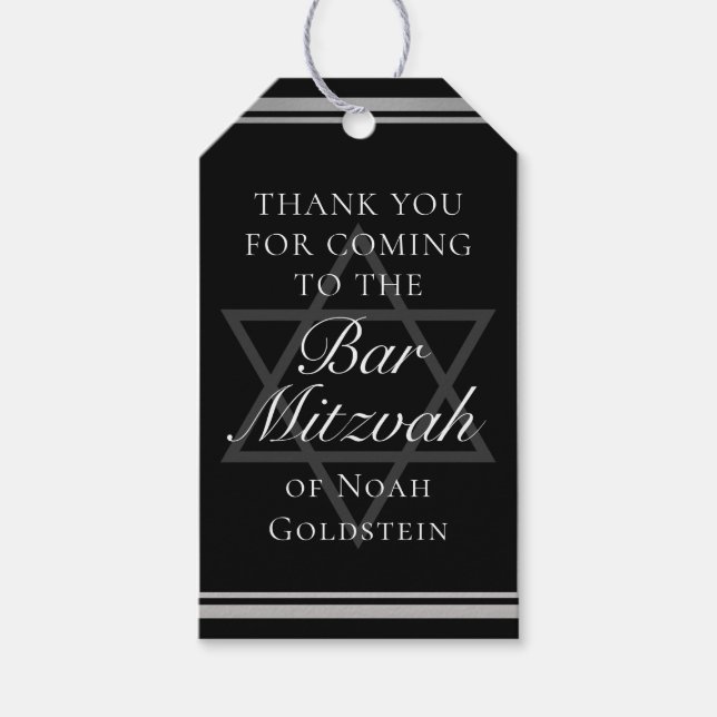 Étiquettes-cadeau Silver Black Forme Bar Mitzvah Personnalisé Party (Devant)