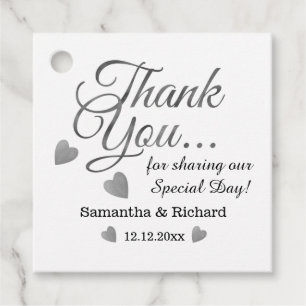 Étiquettes Cadeau Silver Heart Wedding Thank You 