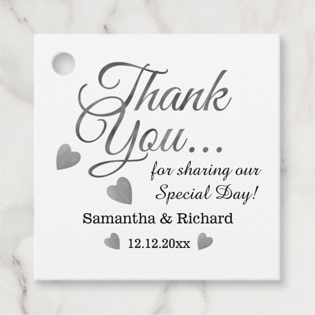 Étiquettes Cadeau Silver Heart Wedding Thank You  (Devant)