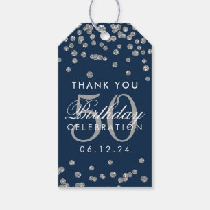 Étiquettes-cadeau Silver Navy Blue 50th Birthday Merci Confetti