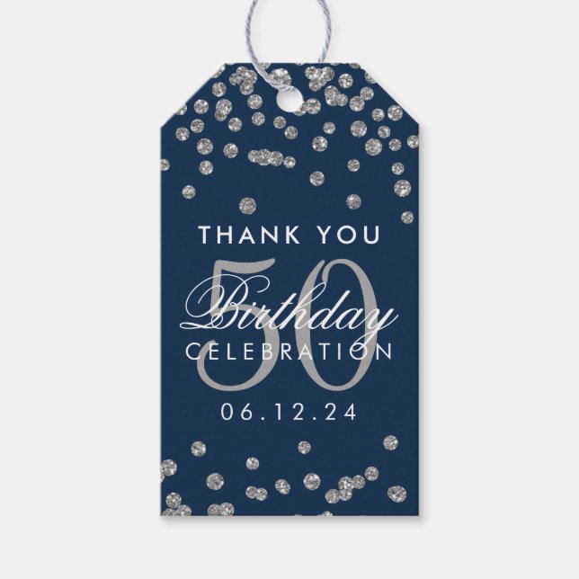 Étiquettes-cadeau Silver Navy Blue 50th Birthday Merci Confetti (Devant)