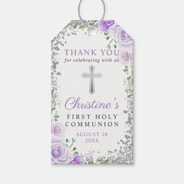 Étiquettes-cadeau Silver Purple Floral 1ère Sainte Communion Merci (Devant)