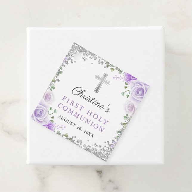 Étiquettes Cadeau Silver Purple Floral 1ère Sainte Communion Merci (En situation)