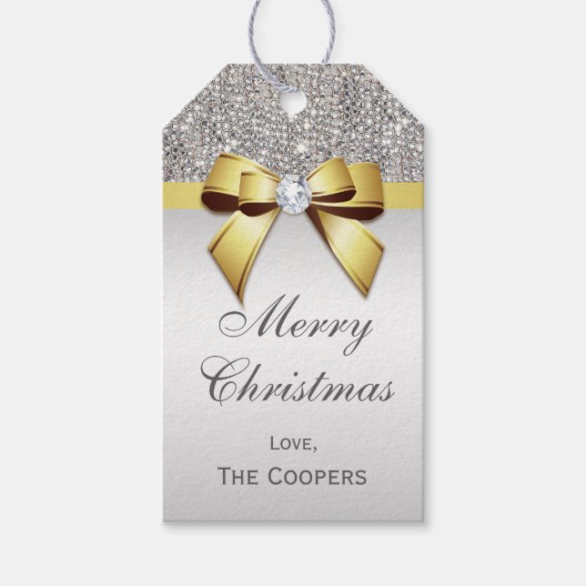 Étiquettes-cadeau Silver Sequins Gold Diamond Bow Noël (Devant)