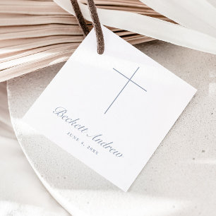 Étiquettes Cadeau Simple Baptême Croix Bleu Poussiéreux Script