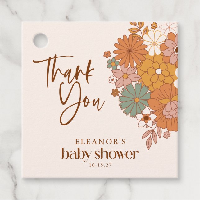 Étiquettes Cadeau Simple Boho Retro Baby shower Floral Nom personnal (Devant)