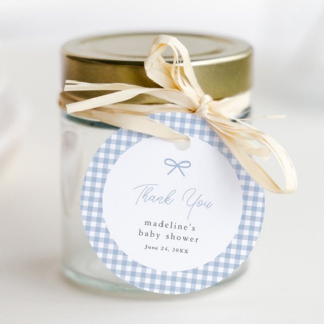 Étiquettes Cadeau Simple Dusty Bleu En vichy Garçons Baby shower Fav (Dusty blue bow gingham boys baby shower favor tags.)