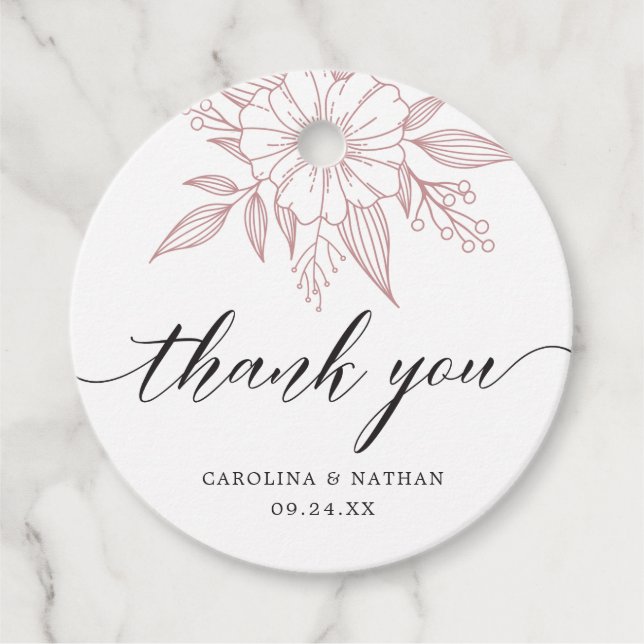 Étiquettes Cadeau Simple Elégant Mariage Floral Merci Blush (Devant)