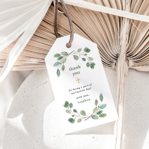 Étiquettes-cadeau Simple Eucalyptus Verdure et Croix d'or Baptême