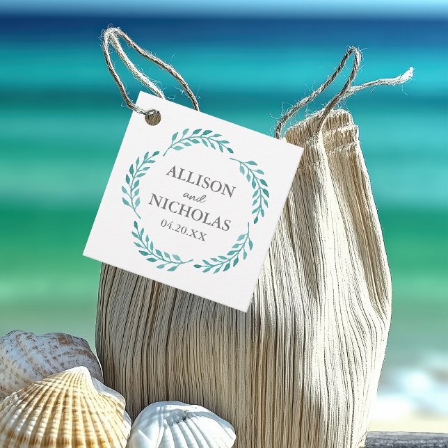 Étiquettes Cadeau Simple Turquoise Aquarelle Botanique Plage Mariage (Créateur téléchargé)