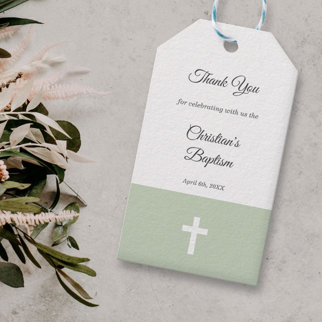 Étiquettes-cadeau Simple, vert avec un Merci de baptême croisé (Green with a Cross Baptism Thank You Gift Tags)