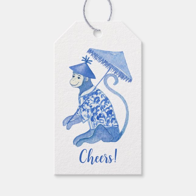 Étiquettes-cadeau Singe Chinoiserie bleu personnalisé (Devant)