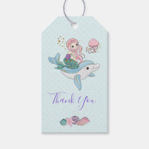 Étiquettes-cadeau Sirène chevauchant un dauphin sous le Merci marin