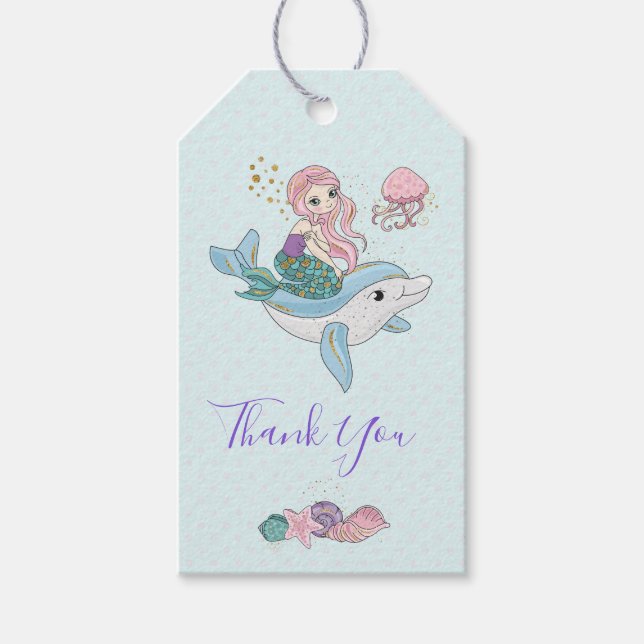 Étiquettes-cadeau Sirène chevauchant un dauphin sous le Merci marin (Devant)
