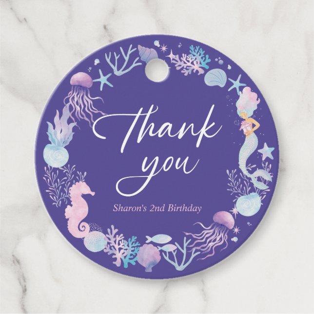 Étiquettes Cadeau Sirène D'Aquarelle Sous Le Merci De Mer Violet (Devant)