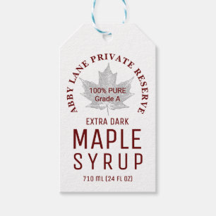 Étiquettes-cadeau Sirop d'érable Texte rouge détaillé à feuille sur